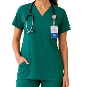 Infinity by Cherokee Scrub Top Women Large‎ Green V-Neck Pocket Rib Knit